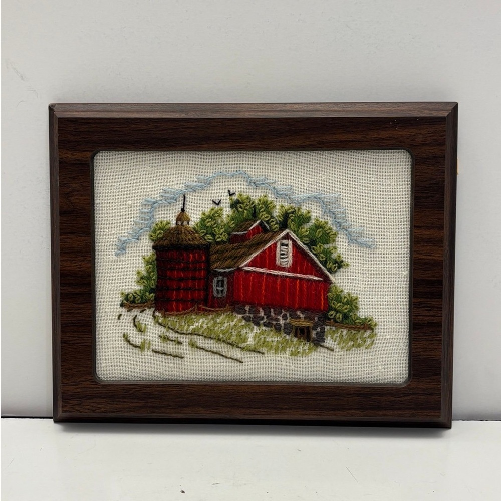 80s Red Barn Farm Silo Embroidery Crewel in Vintage